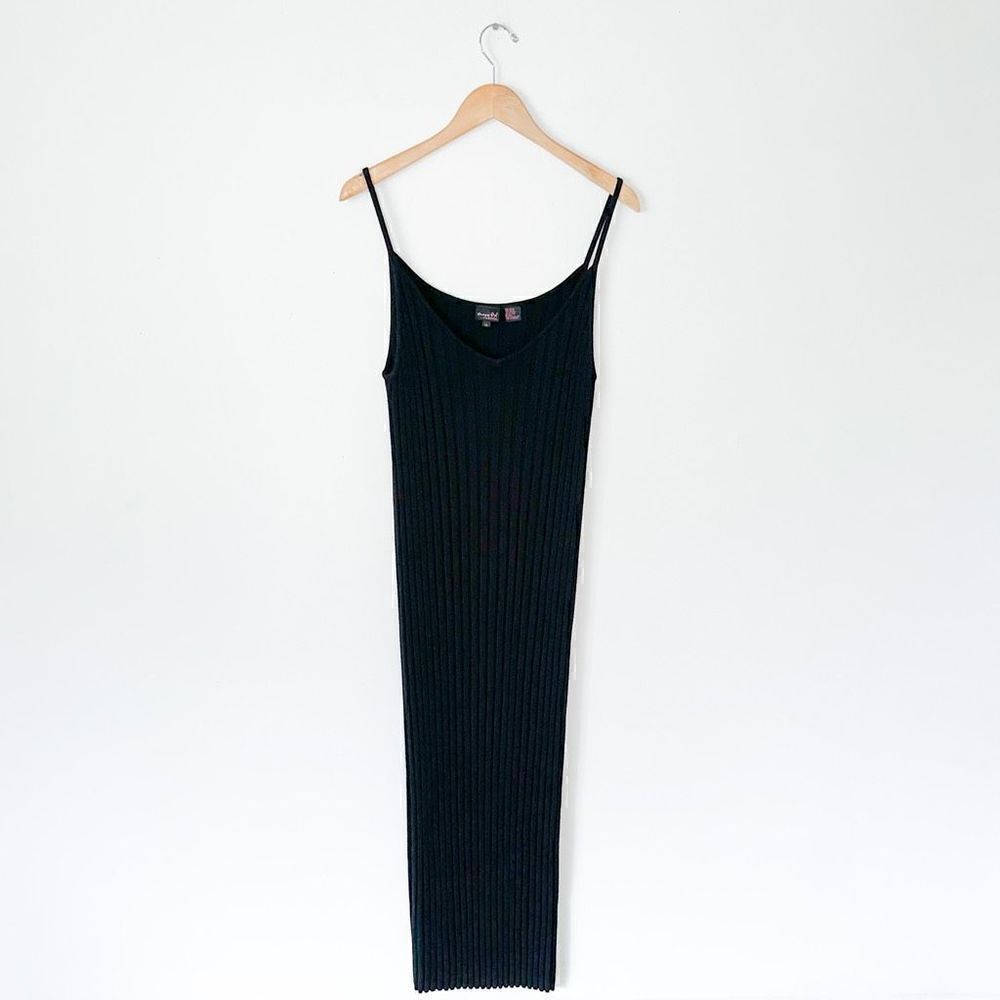 Shape FX Women’s Witchy Goth Black Vertical Ribbed Spaghetti Strap Body Con Maxi